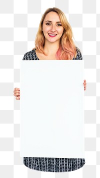 Woman holding placard png element, transparent background