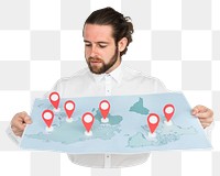 Man holding map png element, transparent background