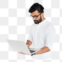 Man holding laptop png element, transparent background