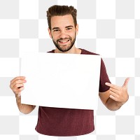 Man holding blank placard png element, transparent background