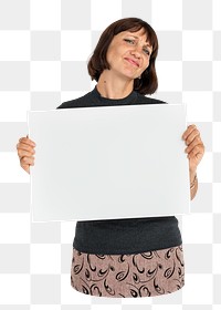 Woman holding placard png element, transparent background