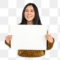 Woman holding placard png element, transparent background