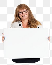 Woman holding placard png element, transparent background