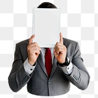 Man holding tablet png element, transparent background