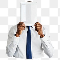 Man holding tablet png element, transparent background