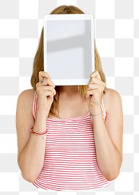 Woman holding tablet png element, transparent background