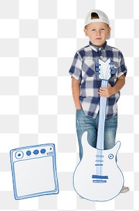 Png boy with paper guitar, transparent background