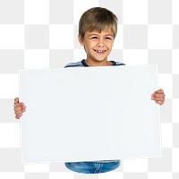Kid holding blank sign png element, transparent background