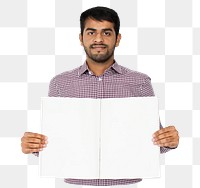 Man holding blank pages png element, transparent background