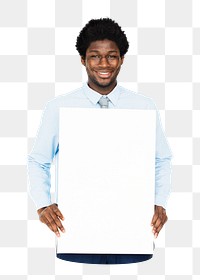 Man holding blank board png element, transparent background