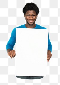 Man holding blank board png element, transparent background