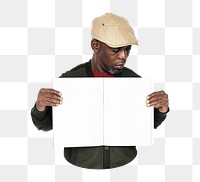 Man holding blank pages png element, transparent background