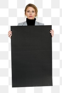 Woman holding placard png element, transparent background