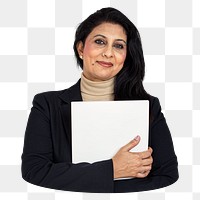 Businesswoman holding blank sign png element, transparent background