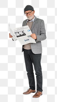 Png Senior man reading newspaper, transparent background