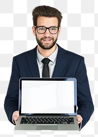 Businessman holding laptop png element, transparent background