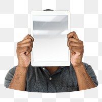 Man holding tablet png element, transparent background