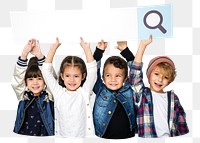 Kids holding search bar png element, transparent background