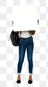 Woman holding banner png, transparent background