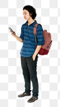 Png young man using smartphone, transparent background