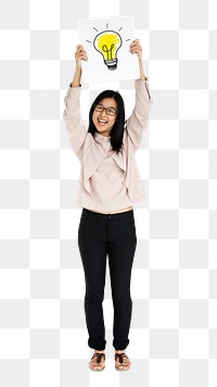 Png girl with light bulb icon, transparent background