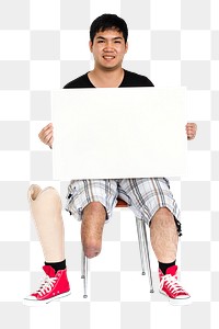 Png disabled man holding empty board, transparent background