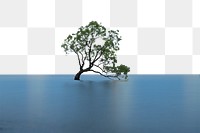 PNG Tree in the lake surrounded by mountains collage element, transparent background