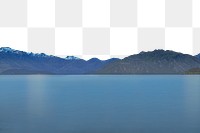 PNG Tree in the lake surrounded by mountains collage element, transparent background