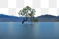 PNG Tree in the lake surrounded by mountains collage element, transparent background