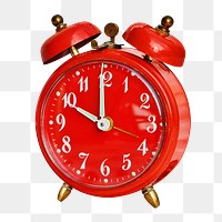 Png red alarm clock, isolated object, transparent background