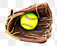 Png yellow softball in glove, isolated object, transparent background