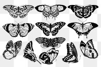 Vintage butterfly png sticker, black and white insect illustration set, transparent background. Remixed from the artwork of E.A. Séguy.