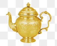 Gold teapot png, vintage kitchenware image, transparent background. Remixed by rawpixel.