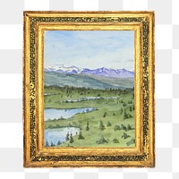 Gold picture frame png, with Landscape study from Norway painting on transparent background. Remixed by rawpixel.