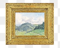 Gold picture frame png, with Mountain landscape painting on transparent background. Remixed by rawpixel.