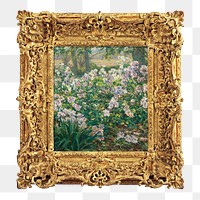 Gold picture png frame, with Ruger Donoho's flower painting on transparent background. Remixed by rawpixel.