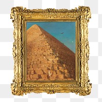 Gold picture frame png, with The Great Pyramid painting on transparent background. Remixed by rawpixel.