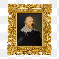 Gold picture frame png, with Portrait of a Man on transparent background. Remixed by rawpixel.