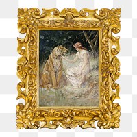 Gold picture frame png, with Tiger and a Lady painting on transparent background. Remixed by rawpixel.