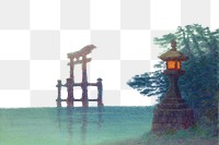 PNG Japanese stone lantern, vintage lake border by Yoshihiko Ito, transparent background. Remixed by rawpixel.