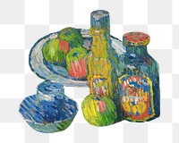 Bottles and Fruit png still life, vintage illustration by Alexej von Jawlensky., transparent background. Remixed by rawpixel.