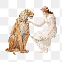 Png lady and the Tiger, vintage illustration by Frederick Stuart Church on transparent background. Remixed by rawpixel.