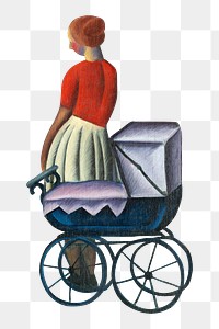 Woman with png baby stroller, vintage illustration by Gejza Schiller, transparent background. Remixed by rawpixel.