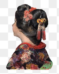 Japanese woman png in traditional robe, vintage illustration by Edward Atkinson Hornel, transparent background. Remixed by rawpixel.