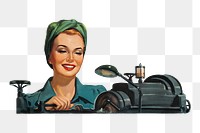 Working woman png smiling, vintage illustration by George Roepp on transparent background. Remixed by rawpixel.