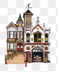California street firehouse png, vintage building illustration, transparent background. Remixed by rawpixel.