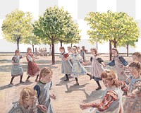 Playing Children png at the Meadow Square illustration by Peter Hansen on transparent background. Remixed by rawpixel.