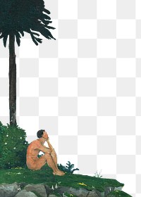 Vintage tropical border png man sitting under the tree, transparent background. Remixed by rawpixel. 