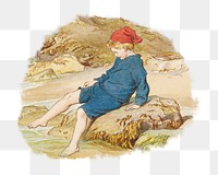 Vintage boy png sitting on rocks, transparent background. Remixed by rawpixel. 