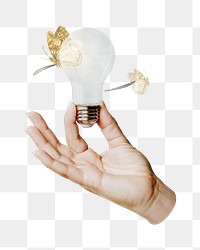 Png hand holding light bulb, transparent background